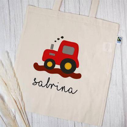 Stofftasche aus Bio- Baumwolle mit Namen | Traktor rot