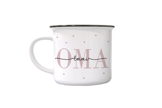 Personalisierte Tasse im Emaille-Look | Kaffeetasse für Oma | mit Enkelkind Namen | Keramik | nostalgische Geschenkidee | Geburtstag - verschenkich.de