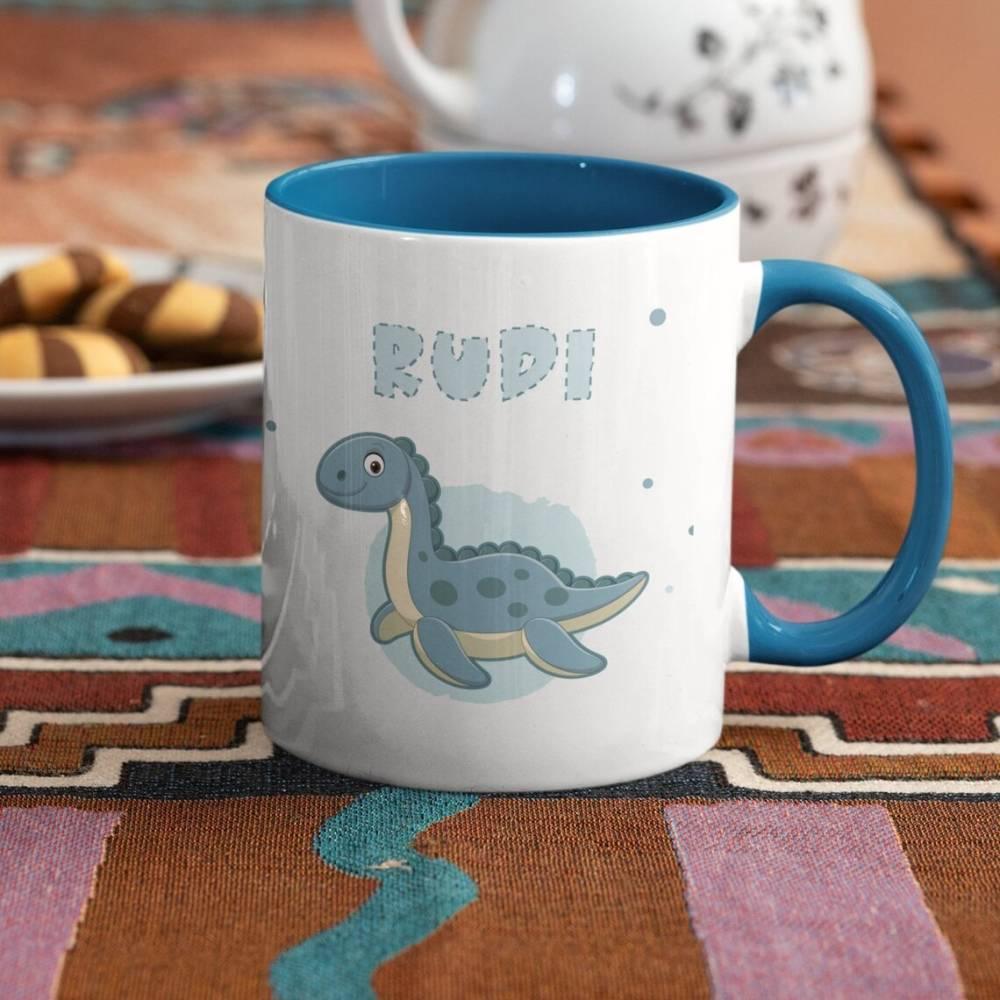 Personalisierte Tasse mit Wunschnamen und Dinosaurier (Plesiosaurus) Motiv - Geschenk Geburtstag - Geschenkidee für Kinder - verschenkich.de