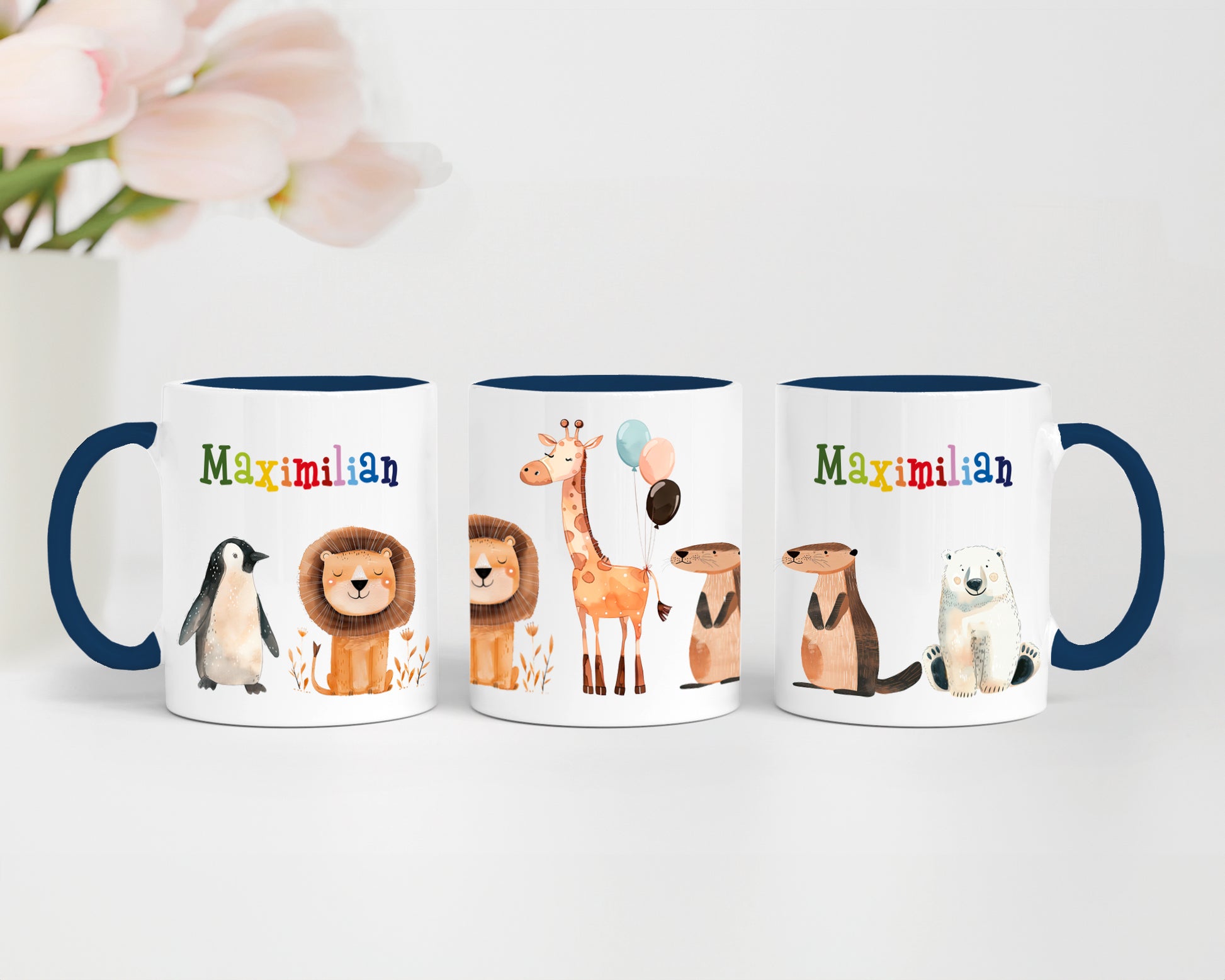 Personalisierte Tasse | mit Wunschnamen | Tierparty | Geschenk mit Name in bunt oder passend zu deiner Tassenfarbe | 13 verschiedene Farben - verschenkich.de