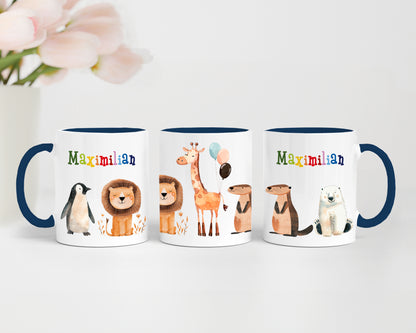 Personalisierte Tasse | mit Wunschnamen | Tierparty | Geschenk mit Name in bunt oder passend zu deiner Tassenfarbe | 13 verschiedene Farben - verschenkich.de