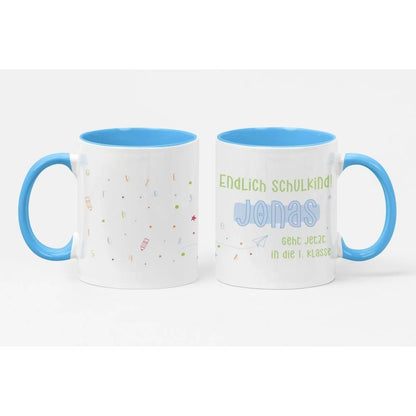 Endlich Schulkind | Tasse zur Einschulung mit Wunschname personalisiert | rosa oder blau - verschenkich.de