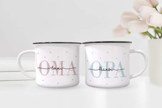 Personalisierte Tassen im Set | Emaille-Look | Kaffeetasse für Oma + Opa | mit Enkelkind Namen | Keramik | Geschenkidee goldene Hochzeit - verschenkich.de