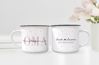 Personalisierte Tassen im Set | Emaille-Look | Kaffeetasse für Oma + Opa | mit Enkelkind Namen | Keramik | Geschenkidee goldene Hochzeit - verschenkich.de