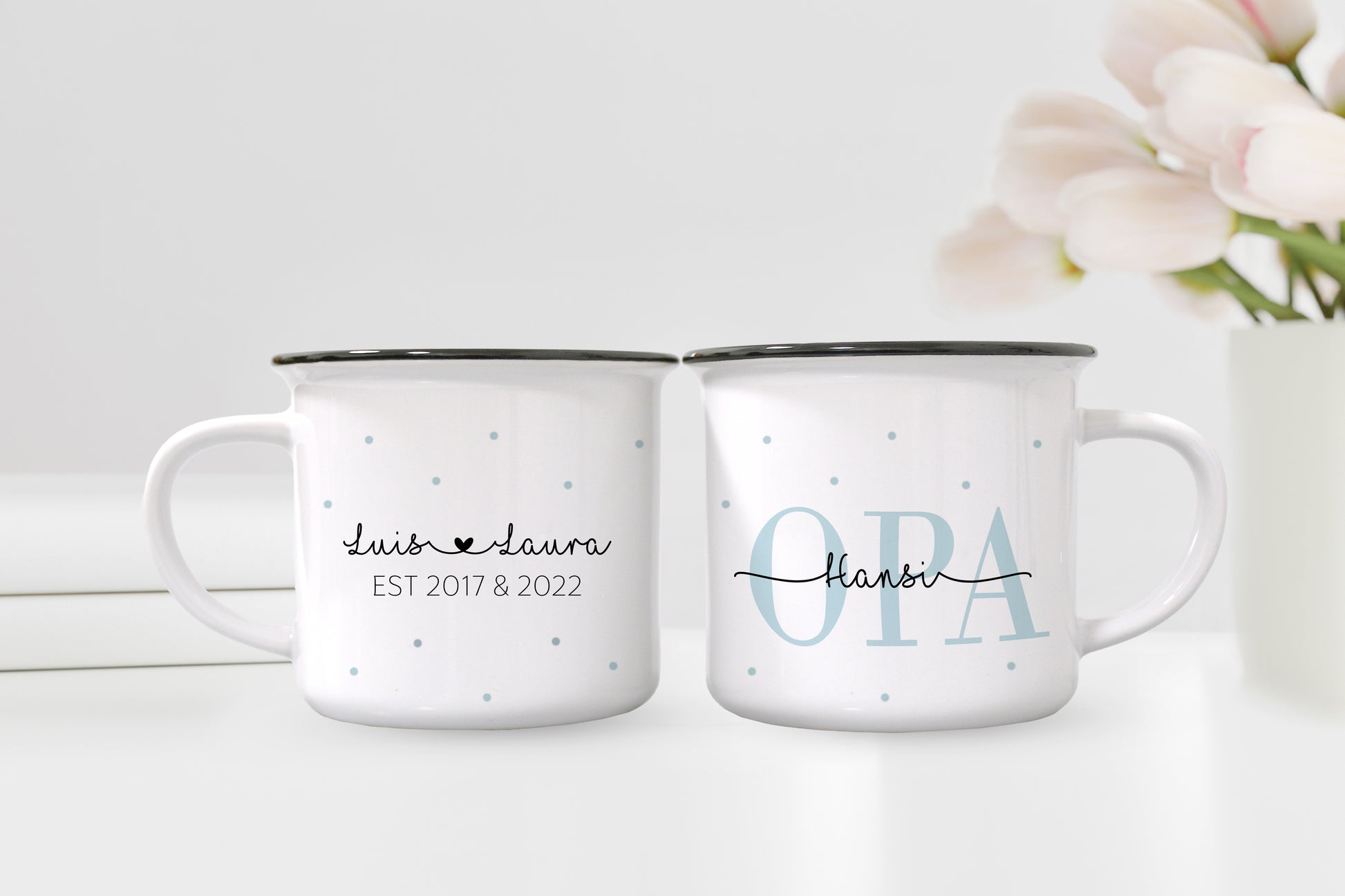 Personalisierte Tassen im Set | Emaille-Look | Kaffeetasse für Oma + Opa | mit Enkelkind Namen | Keramik | Geschenkidee goldene Hochzeit - verschenkich.de