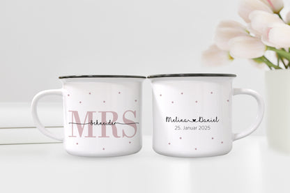 Personalisierte Tassen im Set | Emaille-Look | Mrs + Mr | mit Wunschnamen | Datum | Keramik | Geschenk zur Hochzeit, Jahrestag der Eheleute - verschenkich.de