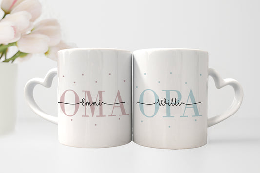 Personalisierte Tassen im Set | Herzhenkel | Kaffeetasse für Oma + Opa | mit Enkelkind Namen | Keramik | Geschenkidee zur goldenen Hochzeit - verschenkich.de