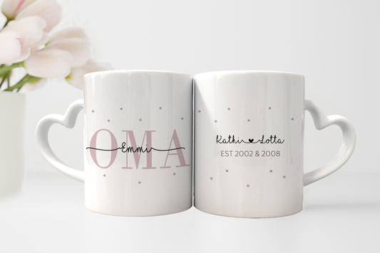 Personalisierte Tassen im Set | Herzhenkel | Kaffeetasse für Oma + Opa | mit Enkelkind Namen | Keramik | Geschenkidee zur goldenen Hochzeit - verschenkich.de