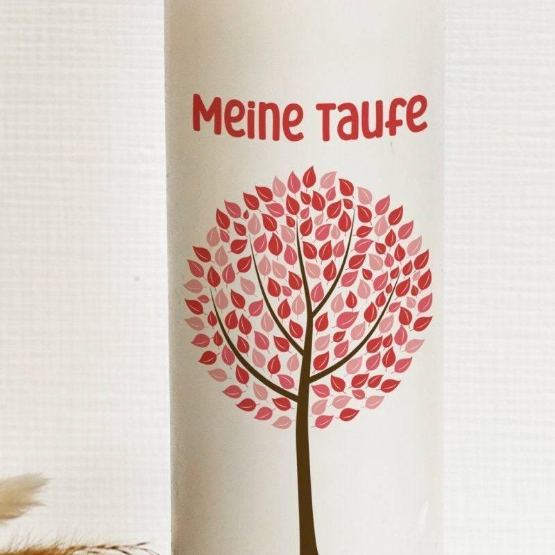 Personalisierte Taufkerze mit eigenen Namen oder Wunschnamen - Motiv: Baum Rosa/Rot - verschenkich.de