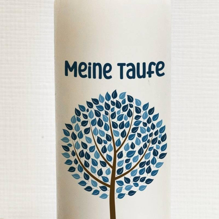 Personalisierte Taufkerze mit eigenen Namen oder Wunschnamen - Motiv: Lebensbaum Blau - verschenkich.de