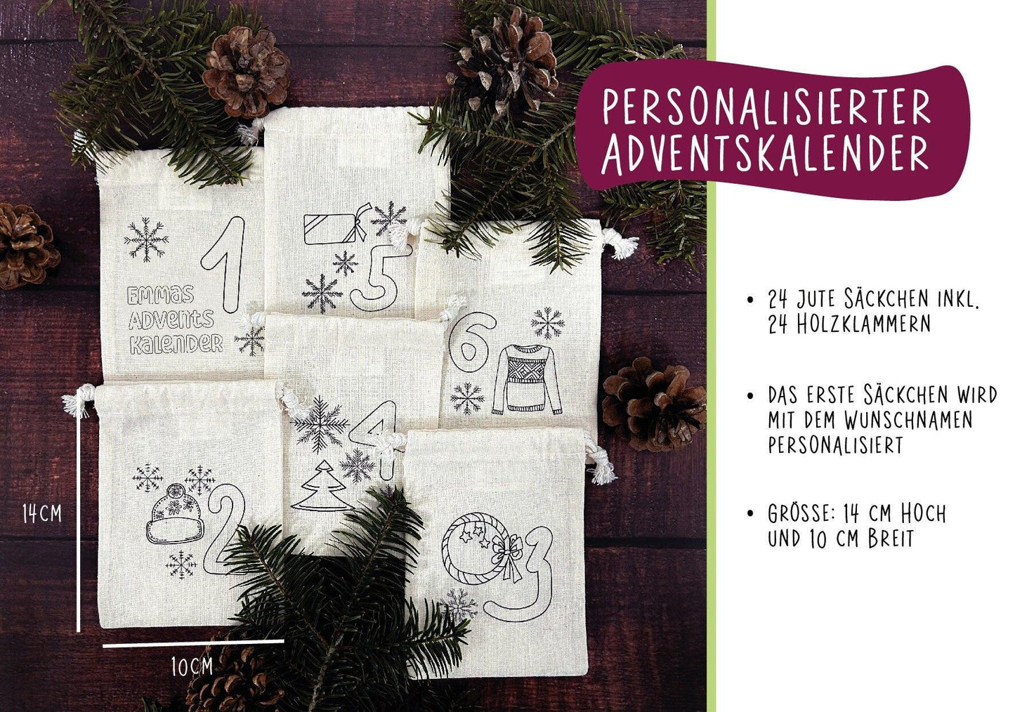 Personalisierter Adventskalender 24 Beutel mit Namen zum Befüllen - Motiv: Design 1 - verschenkich.de
