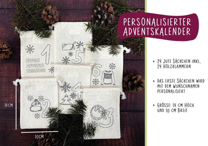 Personalisierter Adventskalender 24 Beutel mit Namen zum Befüllen - Motiv: Design 1 - verschenkich.de