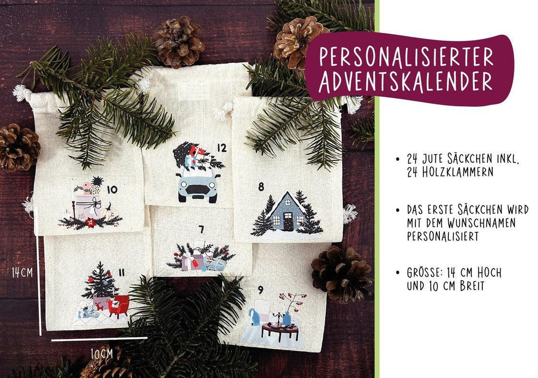 Personalisierter Adventskalender 24 Beutel mit Namen zum Befüllen - Motiv: Design 2 - verschenkich.de