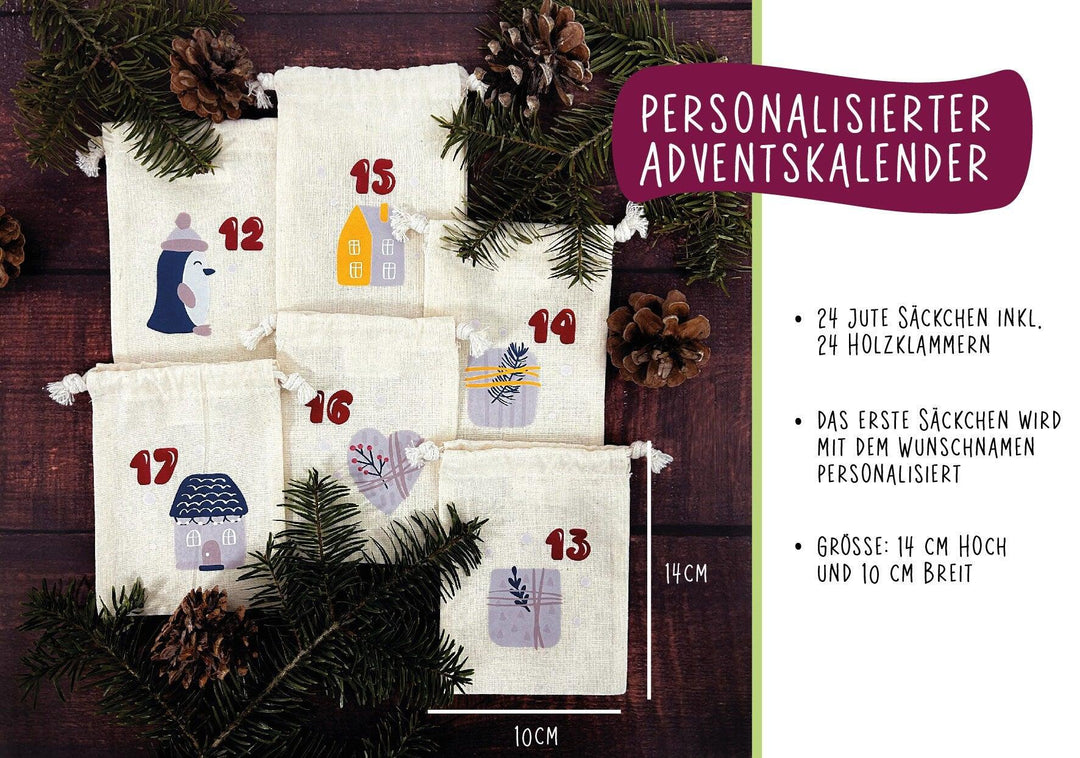 Personalisierter Adventskalender 24 Beutel mit Namen zum Befüllen - Motiv: Design 3 - verschenkich.de