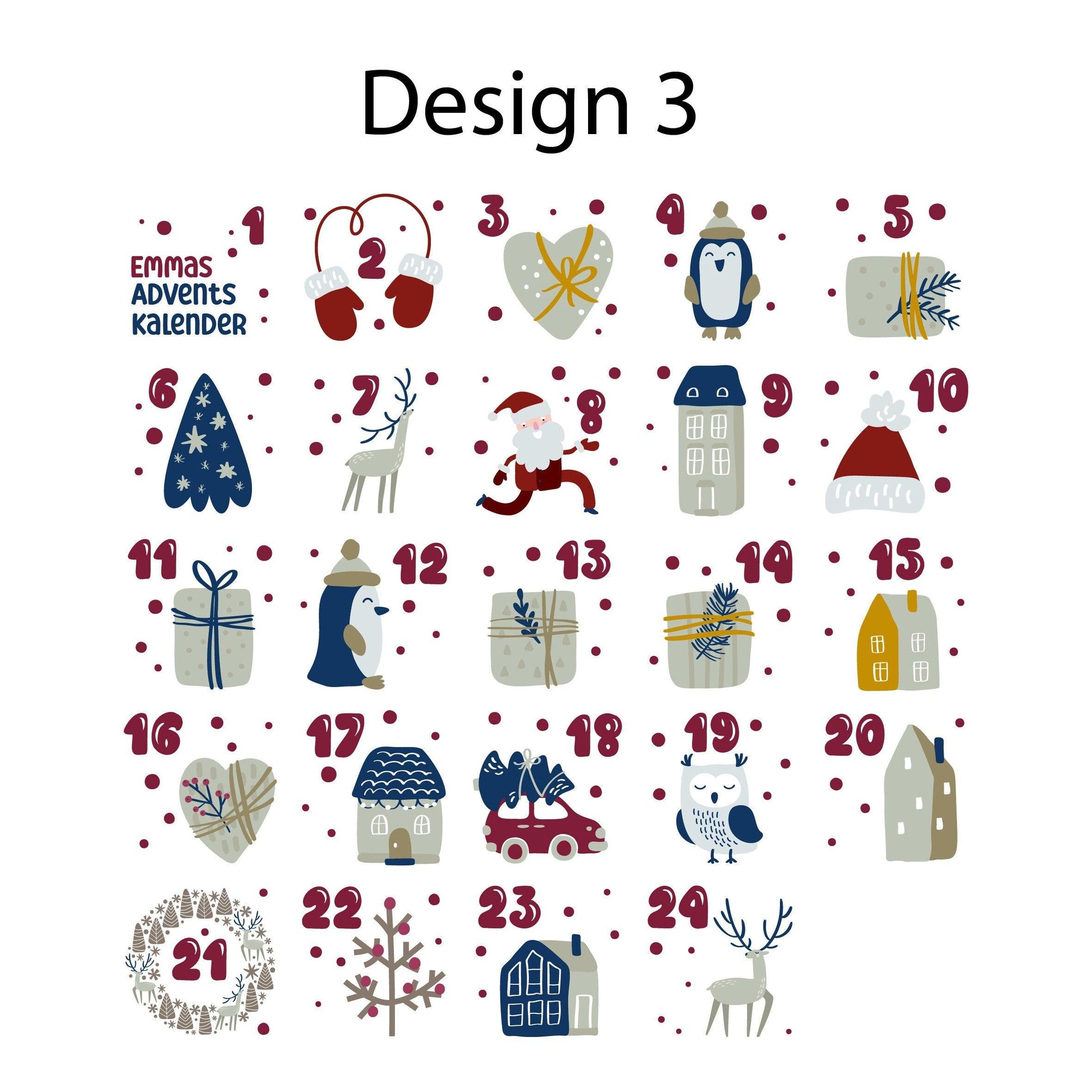 Personalisierter Adventskalender 24 Beutel mit Namen zum Befüllen - Motiv: Design 3 - verschenkich.de