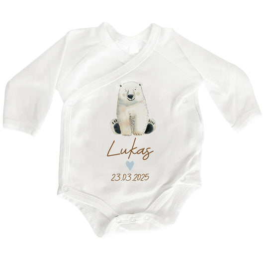 Personalisierter Baby Wickelbody aus Bio-Baumwolle | Eisbär | Name + Datum | Herz in Rosa oder Blau | Langarm Babybody | Geschenk Geburt - verschenkich.de