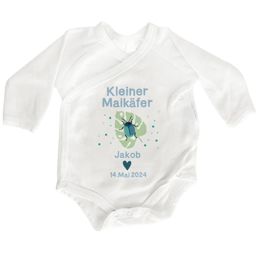 Personalisierter Baby Wickelbody aus Bio-Baumwolle | Kleiner Maikäfer Junge | Mit Namen + Datum | Blau | Langarm Babybody | Geschenk Geburt - verschenkich.de