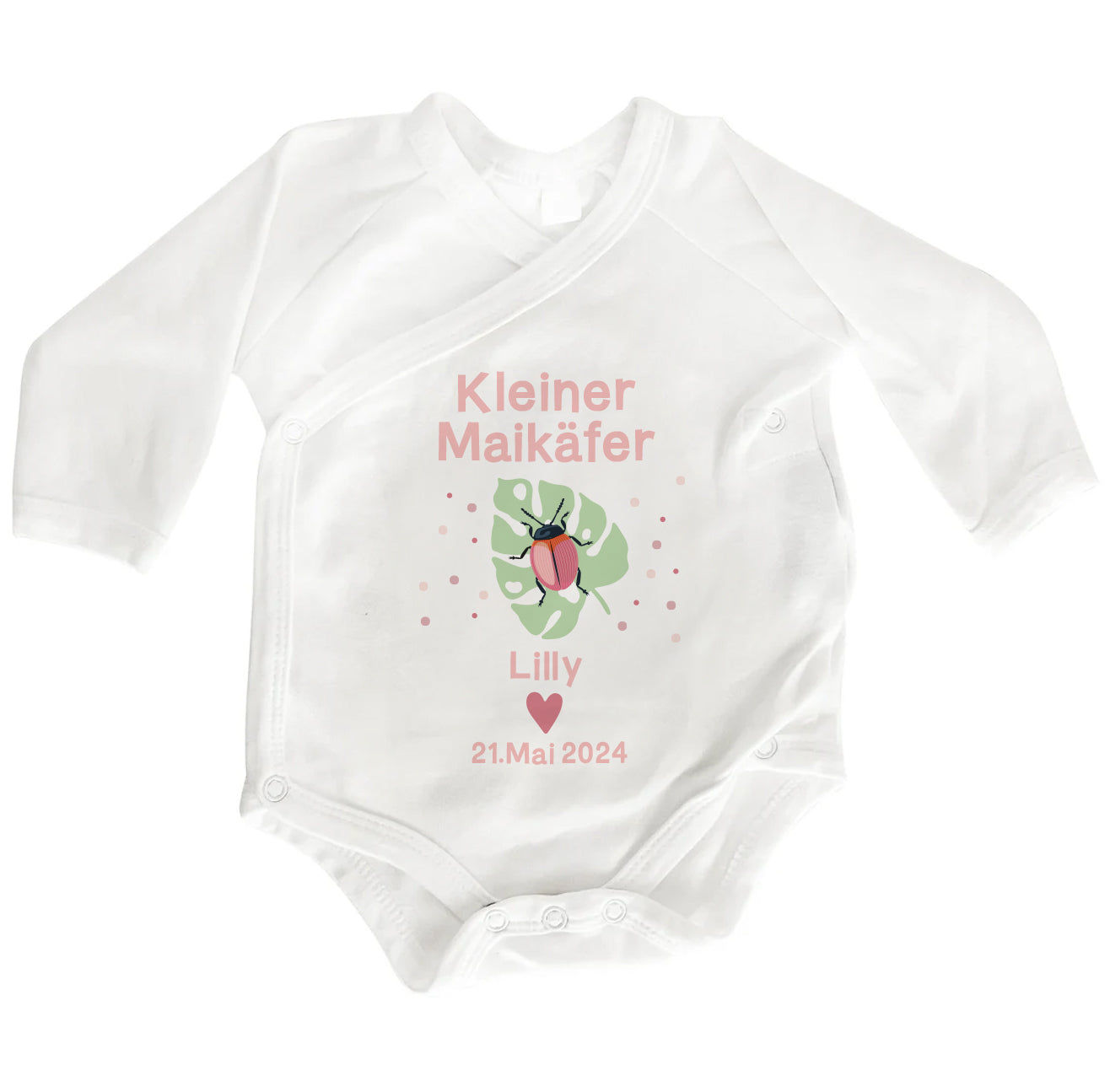 Personalisierter Baby Wickelbody aus Bio-Baumwolle | Kleiner Maikäfer Mädchen | Namen + Datum | Rosa | Langarm Babybody | Geschenk Geburt - verschenkich.de