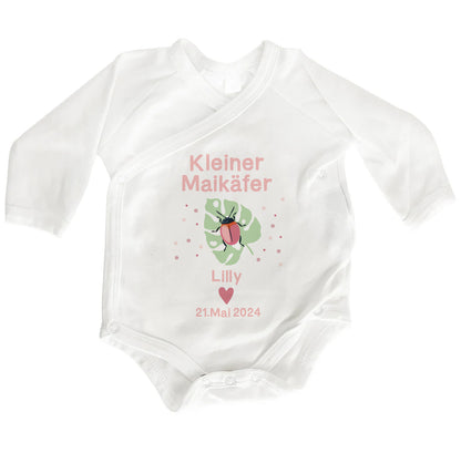 Personalisierter Baby Wickelbody aus Bio-Baumwolle | Kleiner Maikäfer Mädchen | Namen + Datum | Rosa | Langarm Babybody | Geschenk Geburt - verschenkich.de
