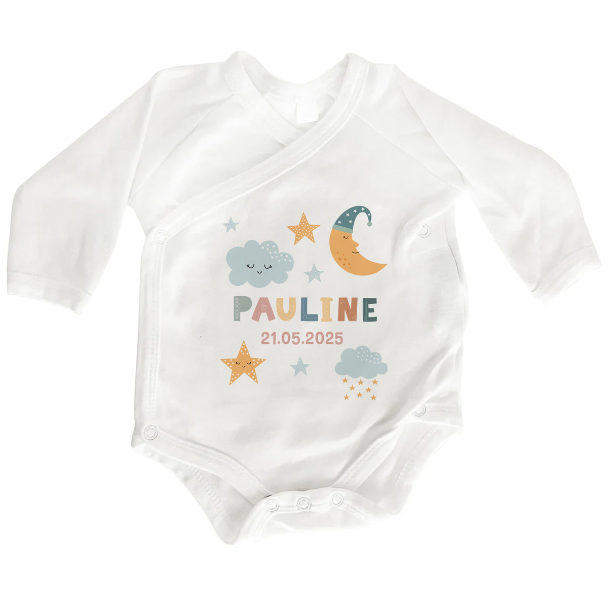 Personalisierter Baby Wickelbody | Bio-Baumwolle | Mond & Sterne | Name | Geburtsdatum | Langarm Baby Body | Perfektes Geschenk zur Geburt - verschenkich.de