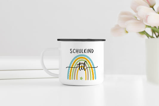 Personalisierter Emaillebecher | Schulkind Regenbogen blau- grün | Emaille Tasse | Rand schwarz oder silber | mit Wunschnamen | Einschulung - verschenkich.de