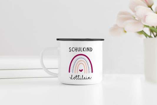 Personalisierter Emaillebecher | Schulkind Regenbogen lila | Herz | Emaille Tasse | Rand schwarz oder silber | mit Name | Einschulung - verschenkich.de