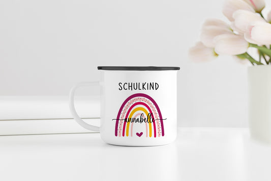 Personalisierter Emaillebecher | Schulkind Regenbogen pink- bunt | Emaille Tasse | Rand schwarz oder silber | mit Name | Einschulung - verschenkich.de