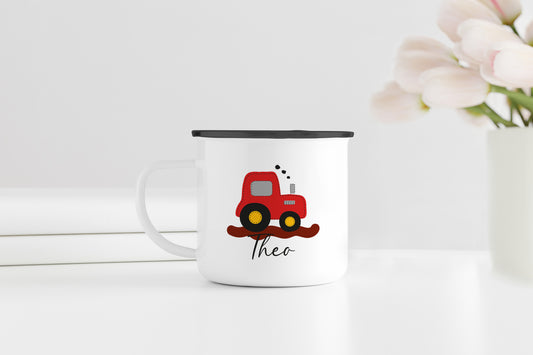 Personalisierter Emaillebecher | Traktor rot | Emaille Tasse | Rand schwarz oder silber | mit Namen | Geschenk Trecker Fans | Geburtstag - verschenkich.de