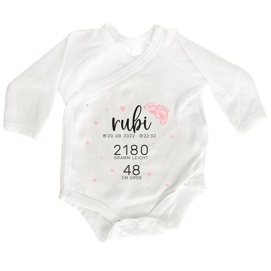 Personalisierter Premium Wickelbody | Babys Daten | Langarm Body | Bio-Baumwolle | Geschenk zur Geburt mit Wunschnamen und Geburtsdaten - verschenkich.de