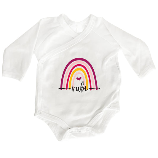 Personalisierter Premium Wickelbody | Regenbogen Bunt | Langarm Body | Bio-Baumwolle | Geschenk zur Geburt mit Wunschnamen - verschenkich.de