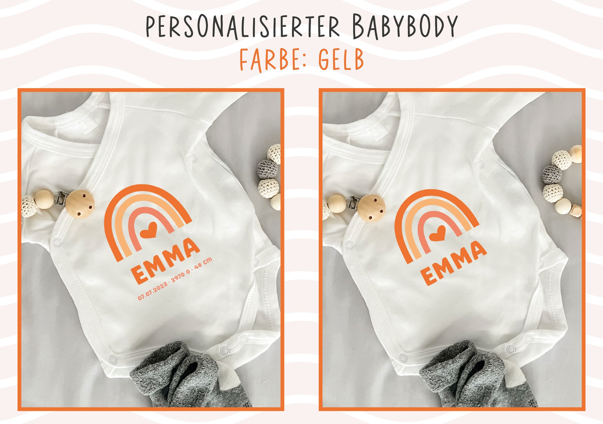 Personalisierter Premium Wickelbody | Regenbogen Gelb | Langarm Body | Bio-Baumwolle | Geschenk zur Geburt mit Wunschnamen und Geburtsdaten - verschenkich.de