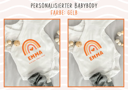 Personalisierter Premium Wickelbody | Regenbogen Gelb | Langarm Body | Bio-Baumwolle | Geschenk zur Geburt mit Wunschnamen und Geburtsdaten - verschenkich.de