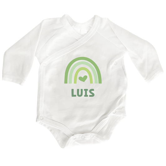 Personalisierter Premium Wickelbody | Regenbogen Grün | Langarm Body | Bio-Baumwolle | Geschenk zur Geburt mit Wunschnamen und Geburtsdaten - verschenkich.de