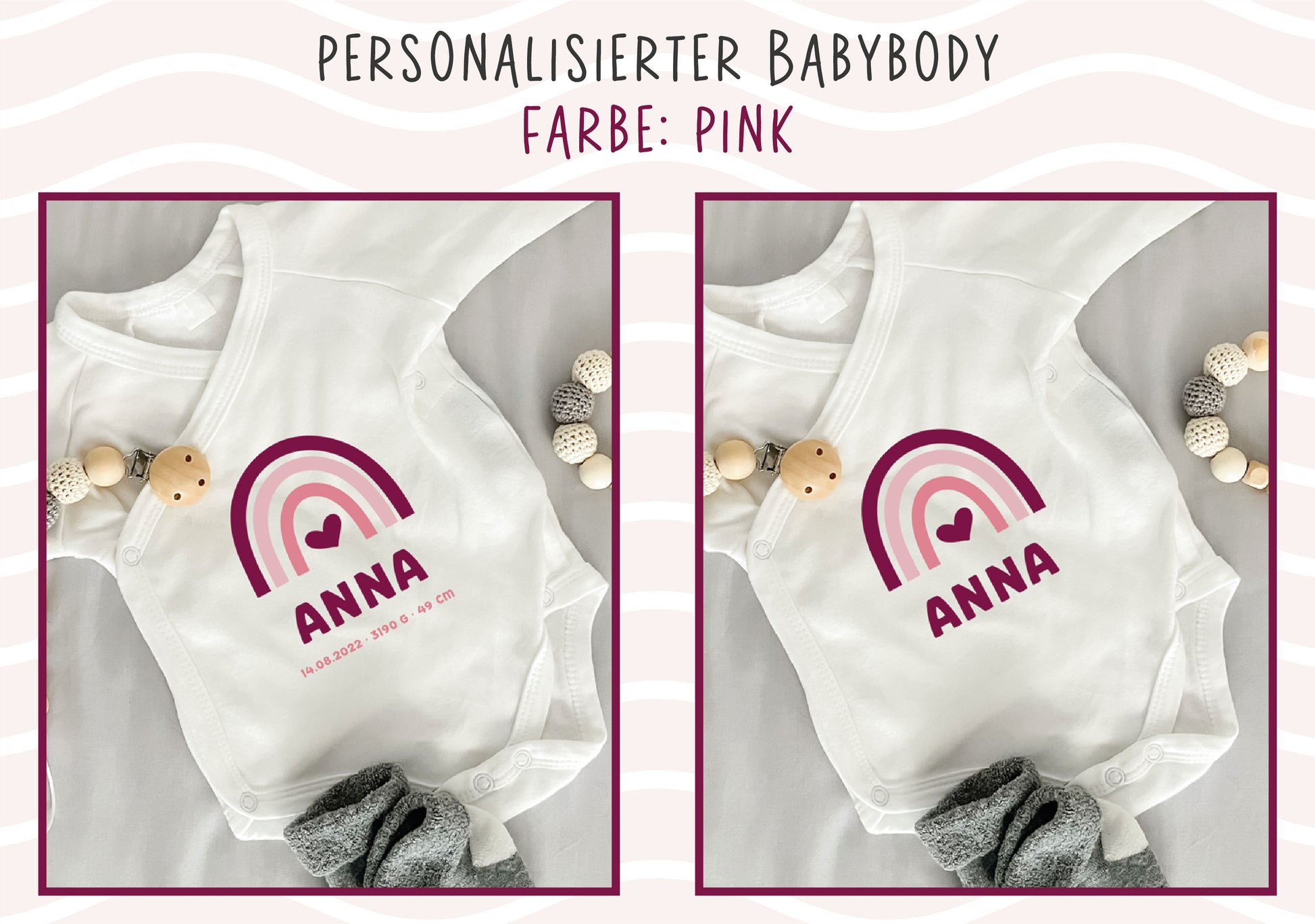 Personalisierter Premium Wickelbody | Regenbogen Pink | Langarm Body | Bio-Baumwolle | Geschenk zur Geburt mit Wunschnamen und Geburtsdaten - verschenkich.de