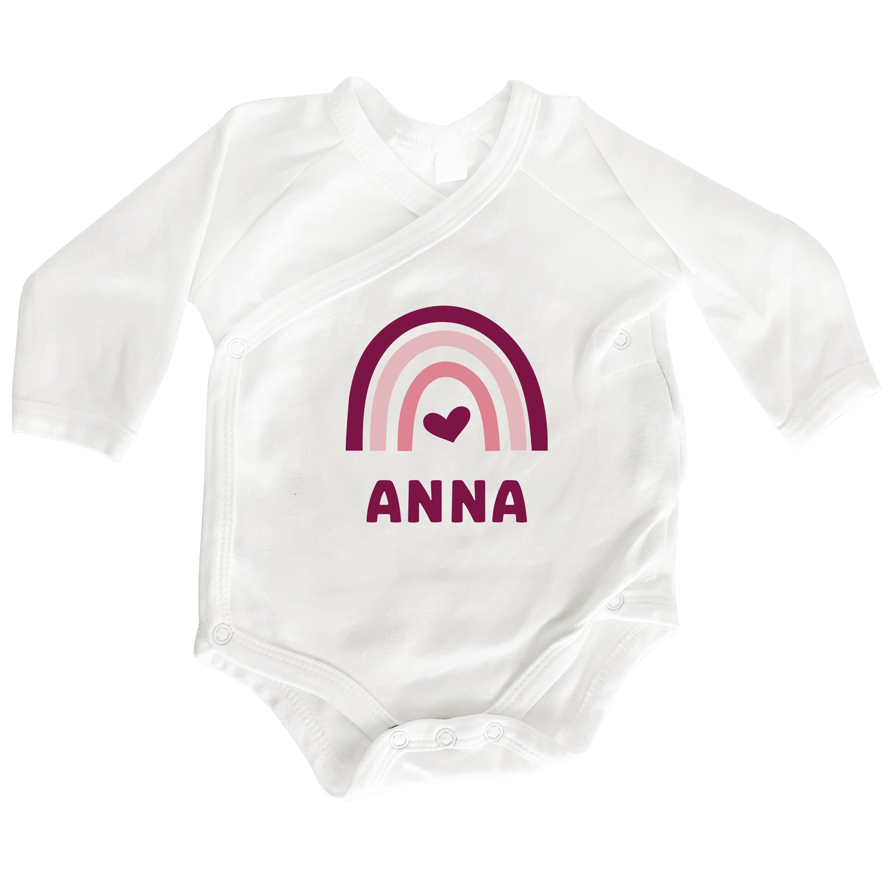Personalisierter Premium Wickelbody | Regenbogen Pink | Langarm Body | Bio-Baumwolle | Geschenk zur Geburt mit Wunschnamen und Geburtsdaten - verschenkich.de