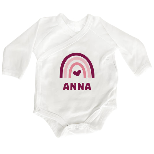 Personalisierter Premium Wickelbody | Regenbogen Pink | Langarm Body | Bio-Baumwolle | Geschenk zur Geburt mit Wunschnamen und Geburtsdaten - verschenkich.de
