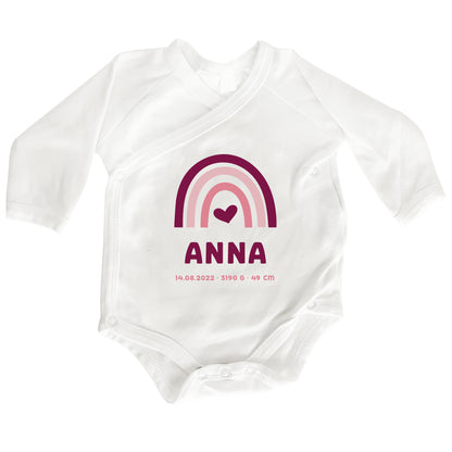 Personalisierter Premium Wickelbody | Regenbogen Pink | Langarm Body | Bio-Baumwolle | Geschenk zur Geburt mit Wunschnamen und Geburtsdaten - verschenkich.de