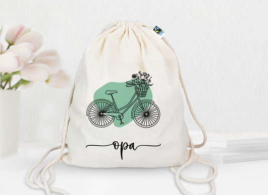 Personalisierter Turnbeutel aus Bio- Baumwolle | mit Wunschnamen | Fahrrad Bubble mint | Rucksack für Sport und Einkauf - verschenkich.de