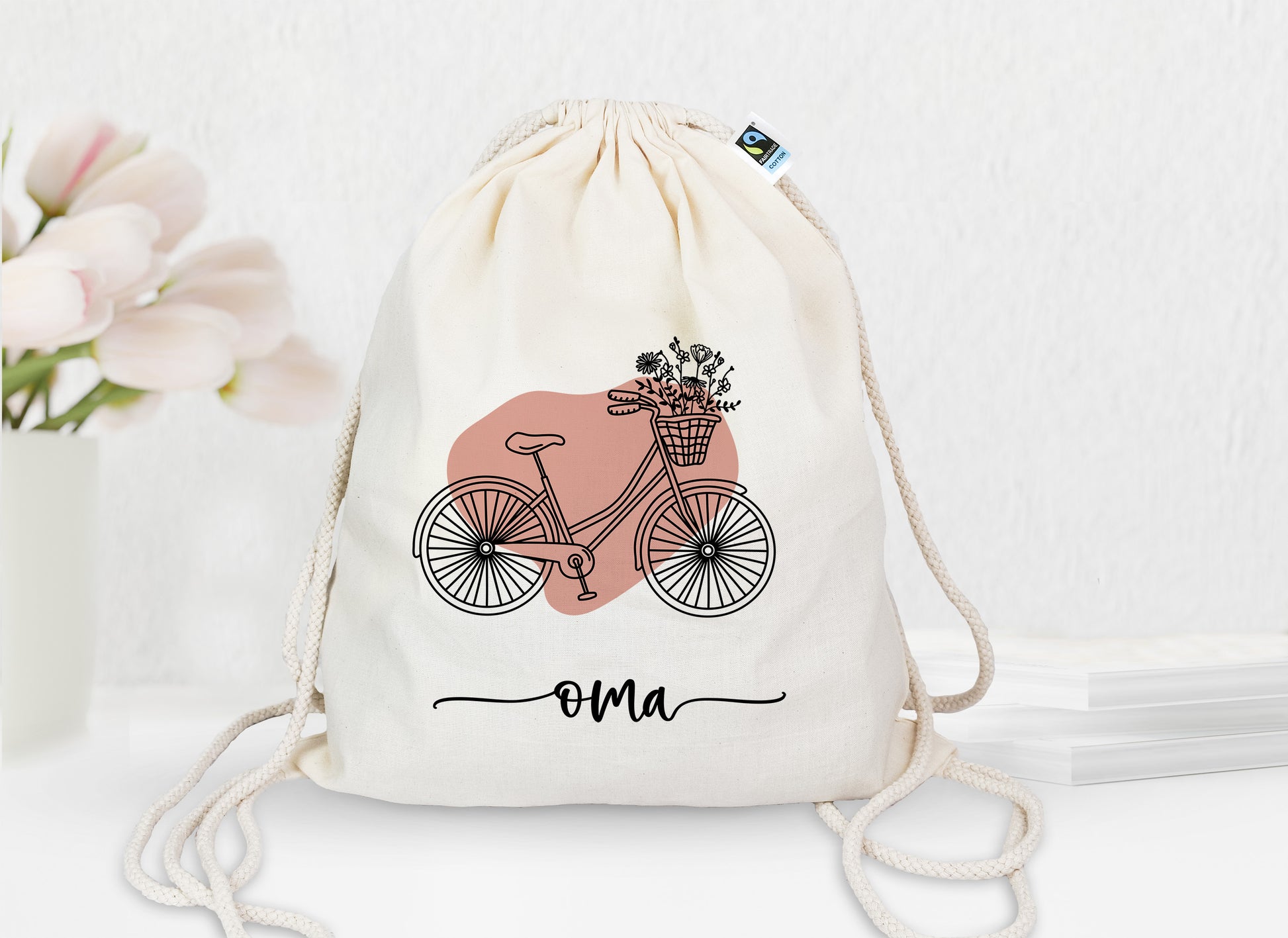 Personalisierter Turnbeutel aus Bio- Baumwolle | mit Wunschnamen | Fahrrad Bubble rosa | Rucksack für Sport und Einkauf - verschenkich.de