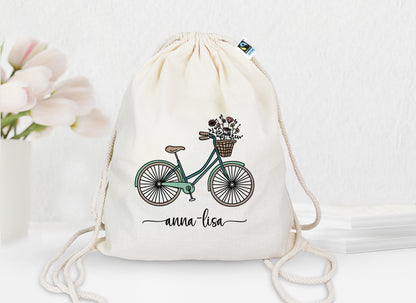 Personalisierter Turnbeutel aus Bio- Baumwolle | mit Wunschnamen | Fahrrad mint | Rucksack für Sport und Einkauf - verschenkich.de