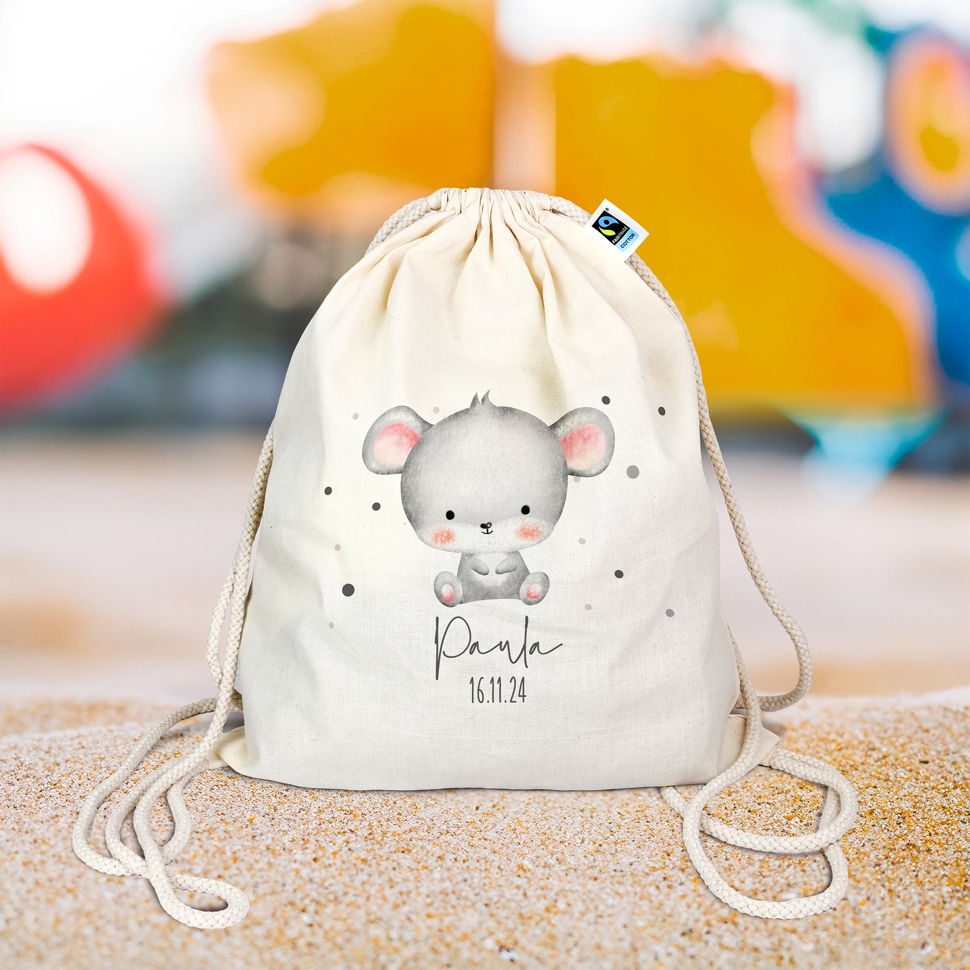 Personalisierter Turnbeutel aus Bio- Baumwolle | mit Wunschnamen und Datum | Tierkinder Maus | Rucksack für Schule und Kindergarten - verschenkich.de
