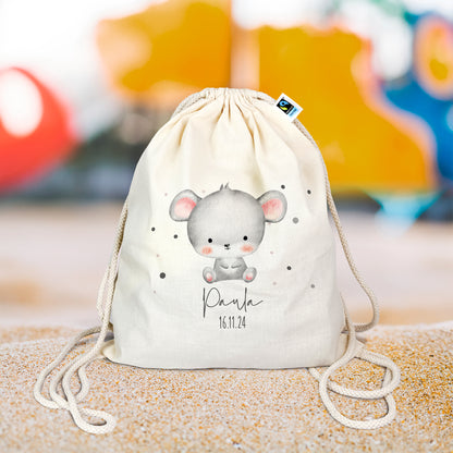 Personalisierter Turnbeutel aus Bio- Baumwolle | mit Wunschnamen und Datum | Tierkinder Maus | Rucksack für Schule und Kindergarten - verschenkich.de