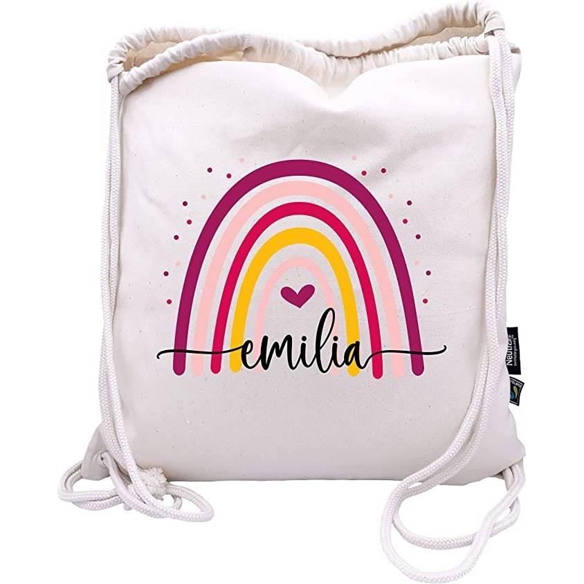 Personalisierter Turnbeutel mit Wunschnamen - Motiv: Regenbogen Bunt - verschenkich.de