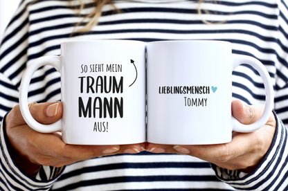 Personalsiertes Paar Geschenk | So sieht mein TraumMann aus | Name | Freund | Partner | weiße Kaffee Tasse | Einzigartiges Geschenk für ihn - verschenkich.de