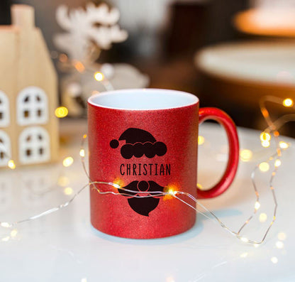 Keramik Tasse in Glitzer + Rot mit Name | Weihnachtsmann