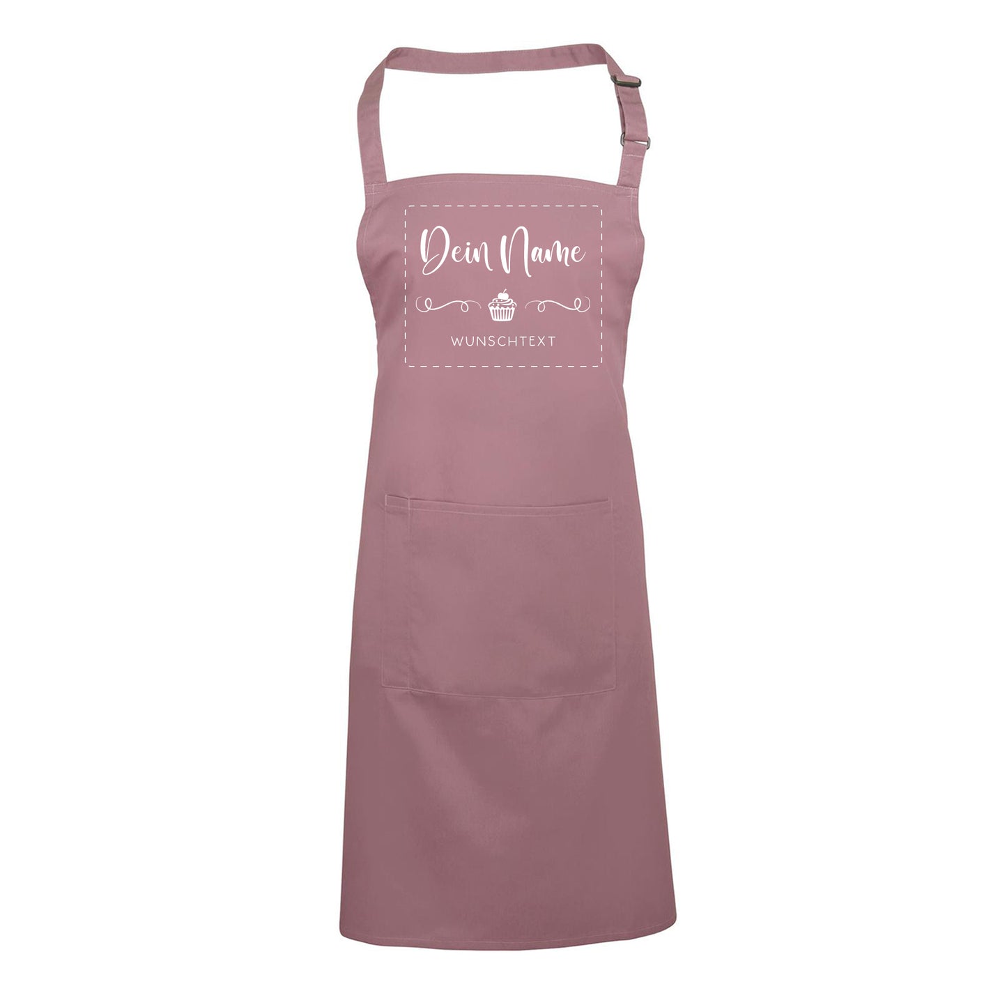 Schürze mit Namensaufdruck und Wunschtext in der Farbe Rose