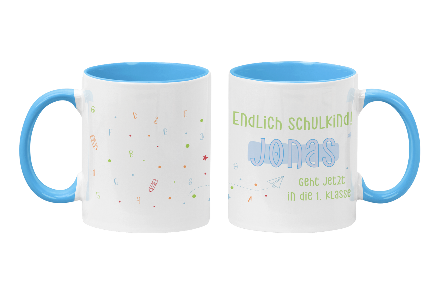 Keramik Tasse mit Namen | Endlich Schulkind Blau