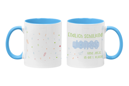 Keramik Tasse mit Namen | Endlich Schulkind Blau