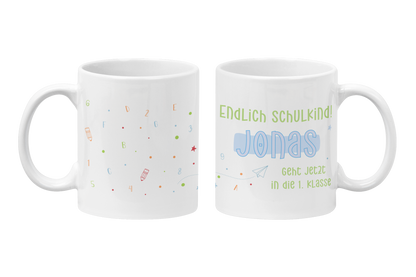 Keramik Tasse mit Namen | Endlich Schulkind Blau