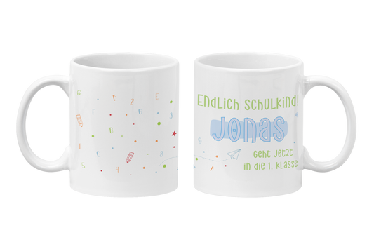 Keramik Tasse mit Namen | Endlich Schulkind Blau